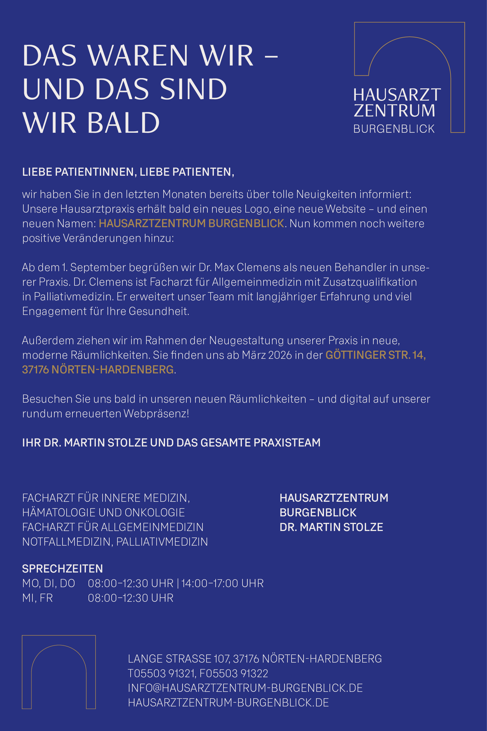 Ankündigung: Hausarztzentrum Burgenblick mit Dr. Max Clemens ab September. Umzug März 2026 in Göttinger Str. 14, Nörten-Hardenberg.