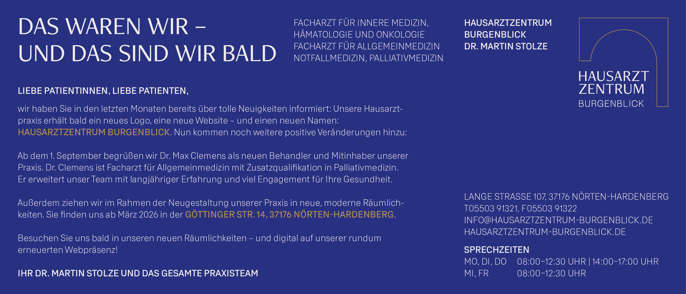 Ankündigung: Hausarztzentrum Burgenblick mit Dr. Max Clemens ab September. Umzug März 2026 in Göttinger Str. 14, Nörten-Hardenberg.