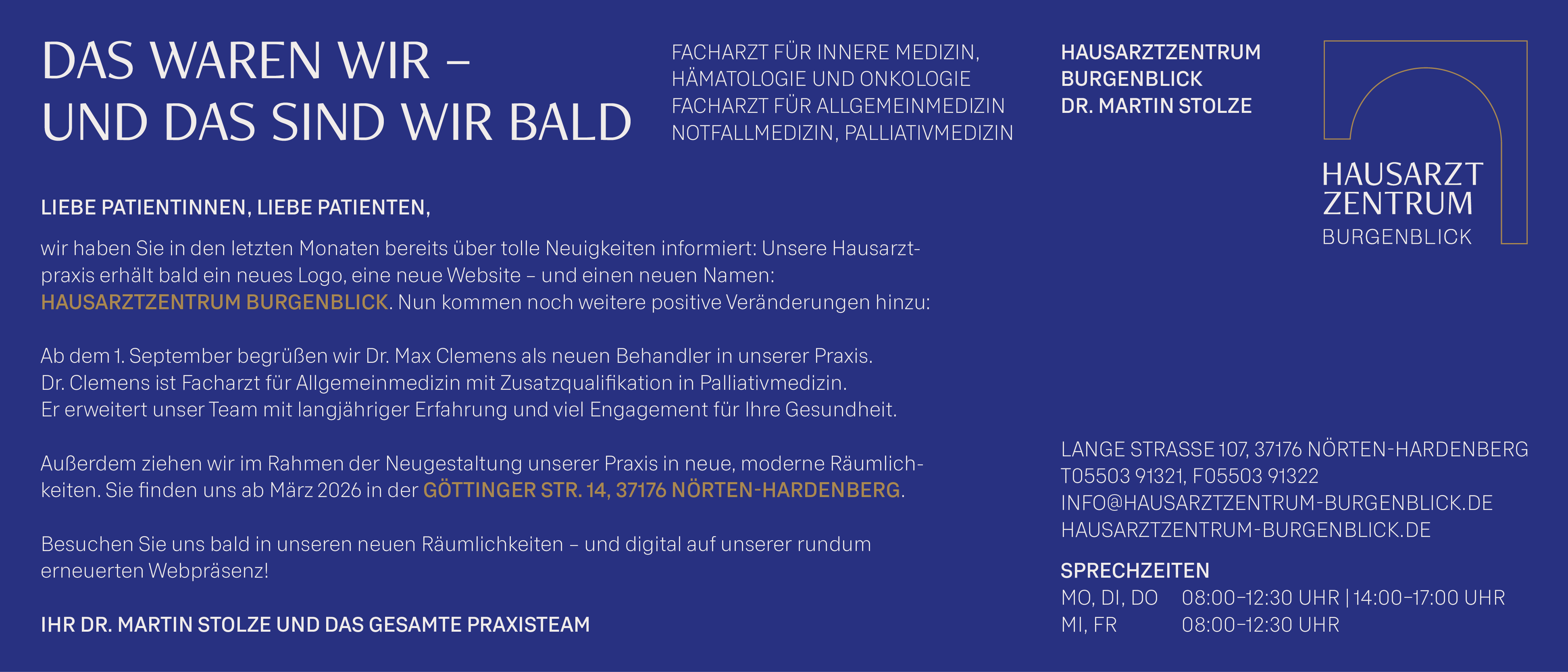 Ankündigung: Hausarztzentrum Burgenblick mit Dr. Max Clemens ab September. Umzug März 2026 in Göttinger Str. 14, Nörten-Hardenberg.